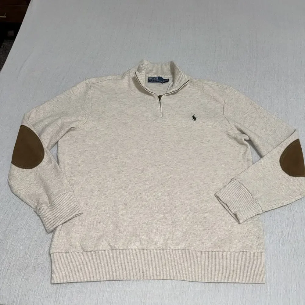 Polo Ralph Lauren Mens Sweater XXL Cream 100% Pima Cotton 1/4 Zip Sweater Patch